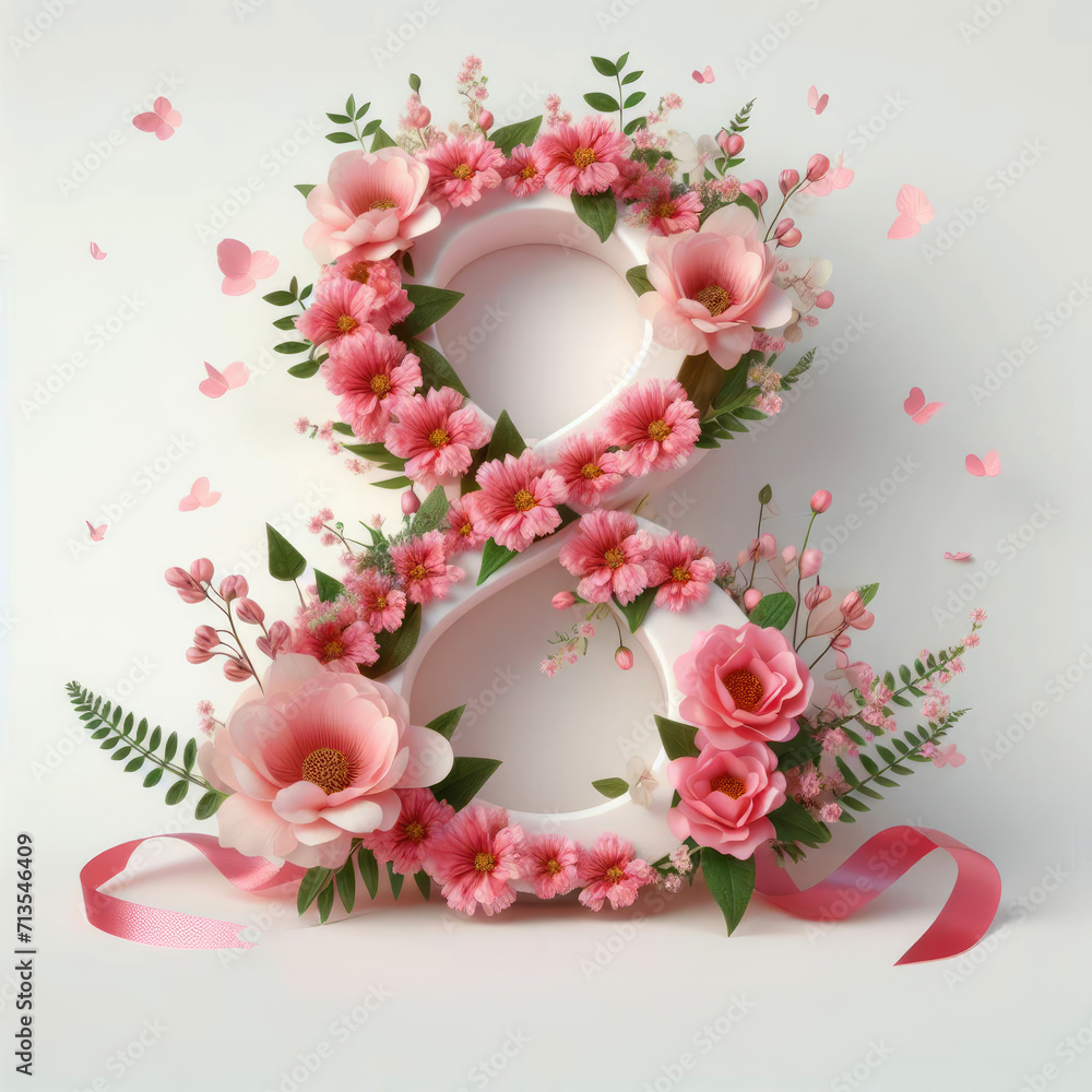 Illustration of number 8 with floral decoration, 8th March Women's Day
