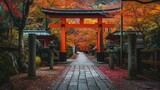 Pathway Leading to a Red Tori in a Japanese Garden