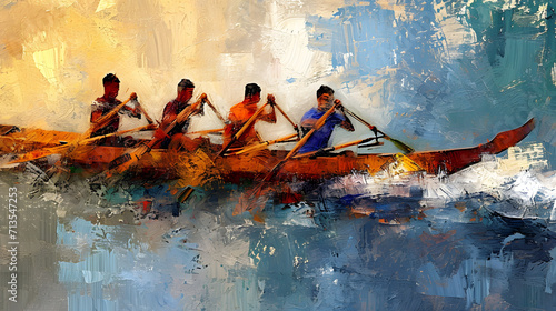 Group of People Rowing a Boat in a Painting