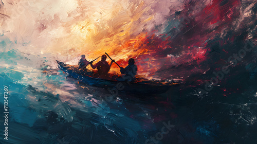 Three People in Boat on Large Body of Water Painting
