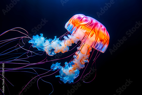 a jellyfish with a neon body and blue tentacles is swimming in the water deep sea.
