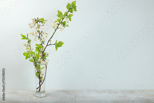 Home interior with beautiful spring cherry branches in a vase, banner, abstract flower arrangement, still life with space for text, floral greeting card, wedding,