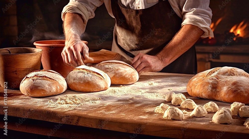 Baker man in apron kneading fresh bread dough on wooden table sprinkled with flour among round baked loaves of bread