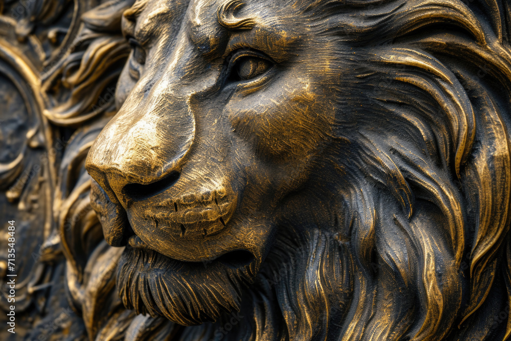 A close-up view of a lion statue. Can be used as a symbol of strength and power.
