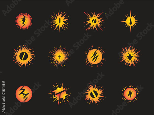 Magnetic field and lightning effects logos set icons vectors silhouettes on black background
