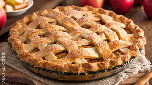 Freshly Baked Apple Pie on Wooden Table
