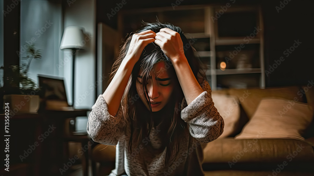 Asian girl expresses sadness, clutching her head in despair. Asian girl expresses sadness, clutching her head in despair.
