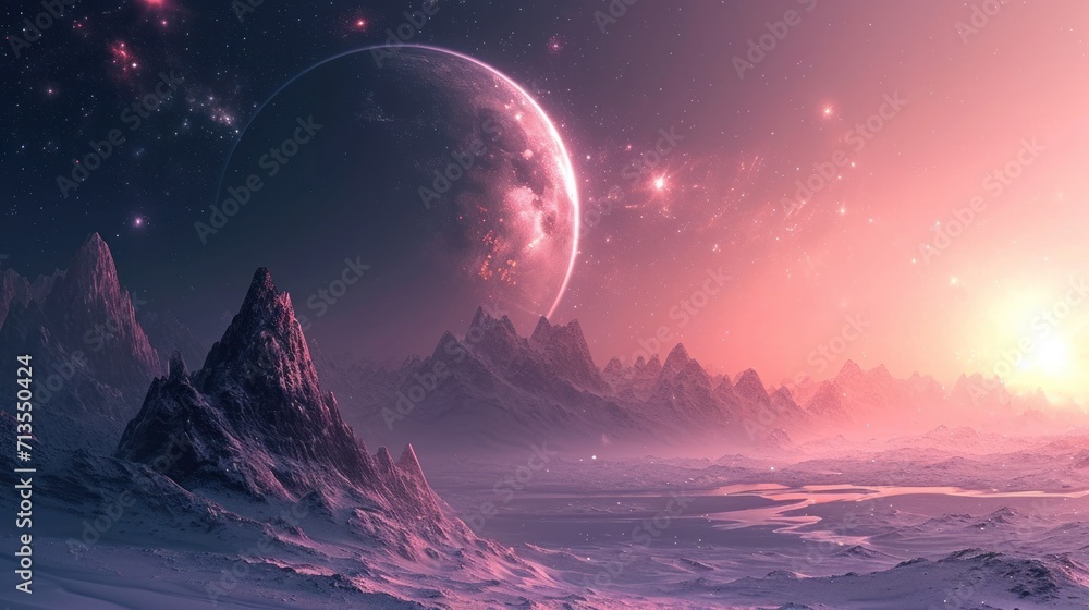 Majestic Space Scene With Mountains and Planets