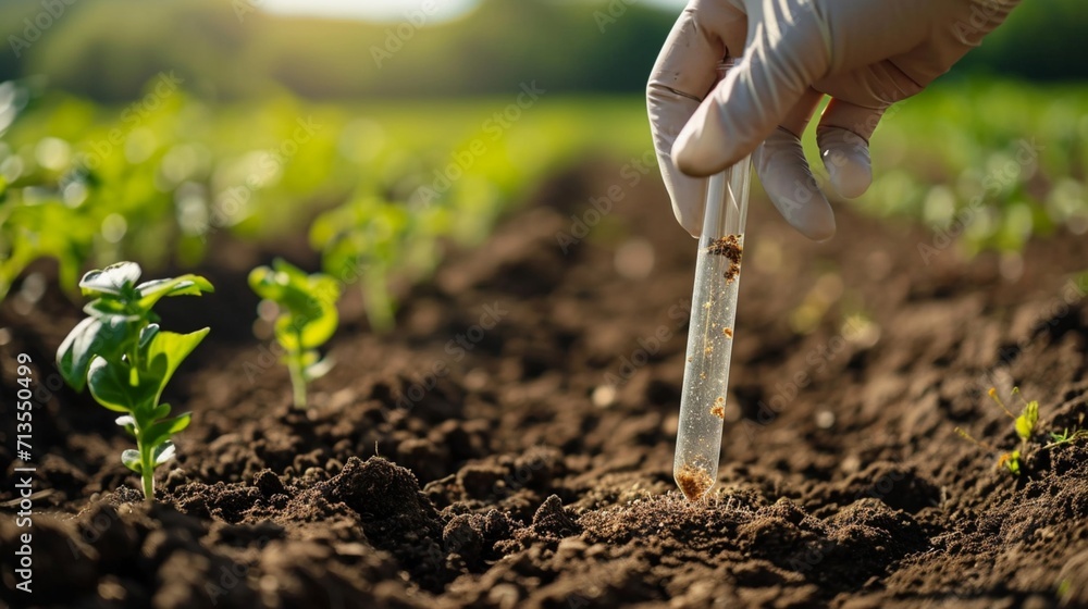 Hand Holding soil sample in a tube on the field for chemical analysis and ph test. Agrochemical analysis soil and greenhouse soil for fertility. Soil quality monitoring concept photography - obrazy, fototapety, plakaty 
