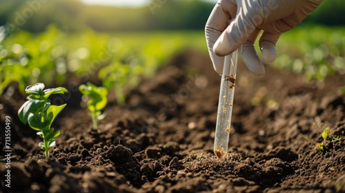 Hand Holding soil sample in a tube on the field for chemical analysis and ph test. Agrochemical analysis soil and greenhouse soil for fertility. Soil quality monitoring concept photography