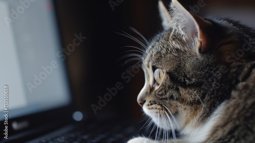 A tabby cat sitting on a laptop keyboard. This image can be used to depict a cozy work environment or the concept of a cat interrupting work © Fotograf