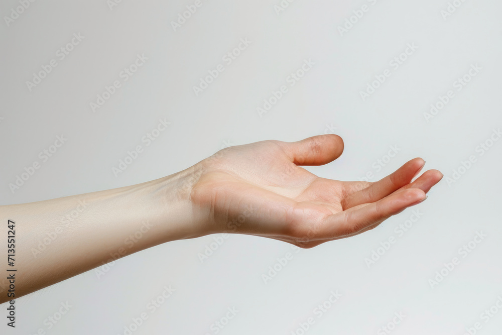 A person holding out their hand against a white background. Suitable for various concepts and applications