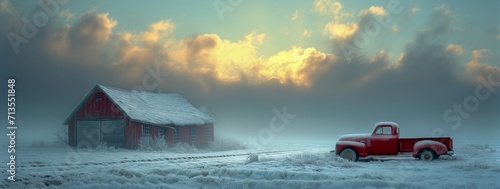 A Red truck parked near a rustic barn in a misty and snow laden winter landscape.