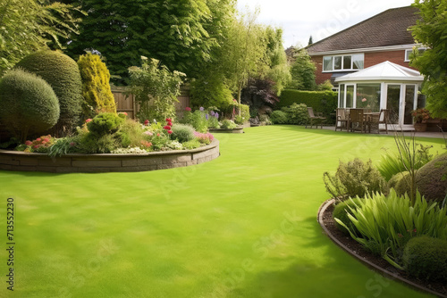 Landscaping of the plot near the house. Green lawn grass and ornamental plants