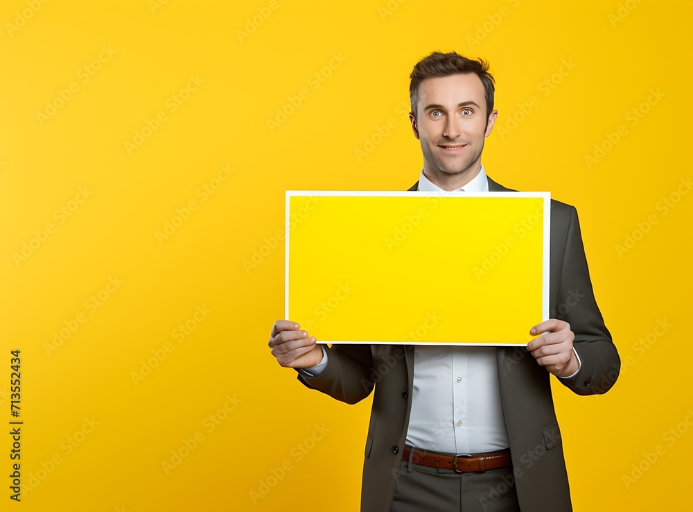 Young caucasian businessman holding a blank signboard on yellow background Young caucasian businessman holding a blank signboard on yellow background