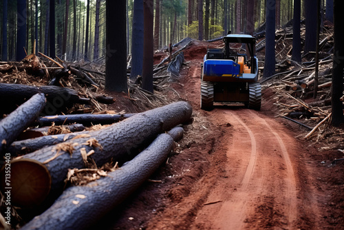 Logging operations in forest clearing using technology. A tractor rides along road, along felled trees