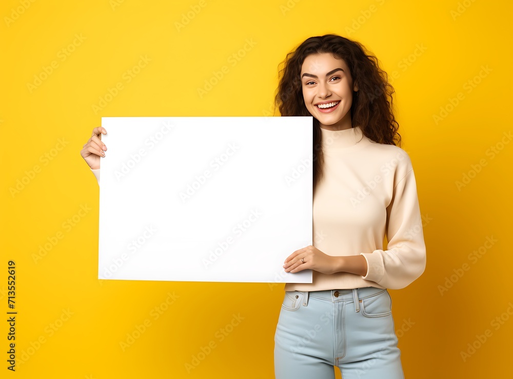 smiling young woman holding white blank board on yellow background, mockup smiling young woman holding white blank board on yellow background, mockup