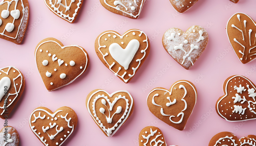 Closeup of gingerbread heart cookies with icing on pink table texture, flat lay, top view Closeup of gingerbread heart cookies with icing on pink table texture, flat lay, top view