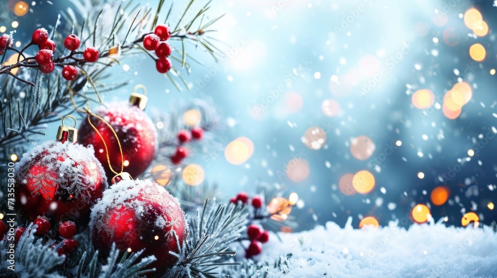 Festive Christmas Scene With Red Ornaments and Snow Festive Christmas Scene With Red Ornaments and Snow