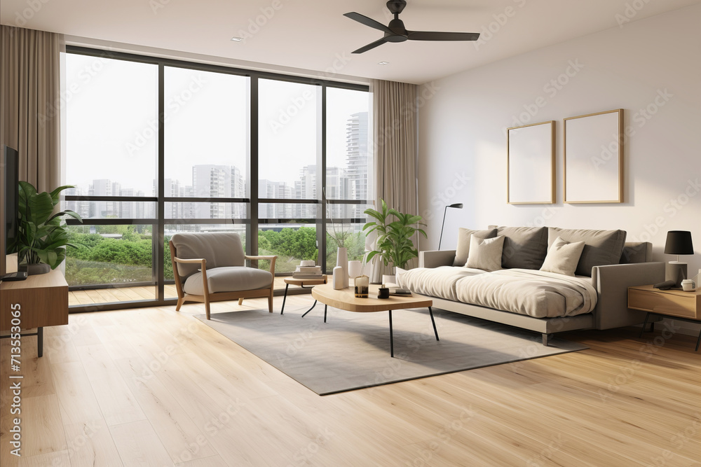 Serene living with a white and gray color scheme, creating a comfortable and spacious atmosphere, and featuring stylish furniture. Serene living with a white and gray color scheme, creating a comfortable and spacious atmosphere, and featuring stylish furniture.