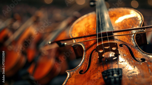 Close-up of a violin showcasing its intricate wood grains and strings, symbolizing the timeless craftsmanship of classical music instruments.