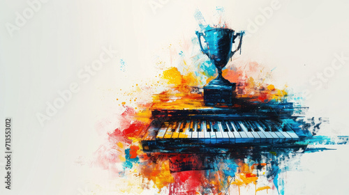 Abstract painting of a piano with a vibrant trophy, symbolizing the celebratory spirit of music festivals and the triumph of musical excellence.