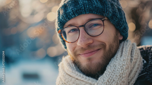 A man wearing glasses and a knitted hat. Can be used for fashion, winter, or casual lifestyle themes © Fotograf