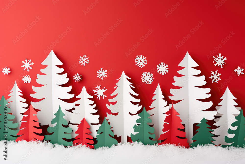 Obraz premium Red background with paper cut trees and snowflakes. Can be used for winter-themed designs or holiday greetings