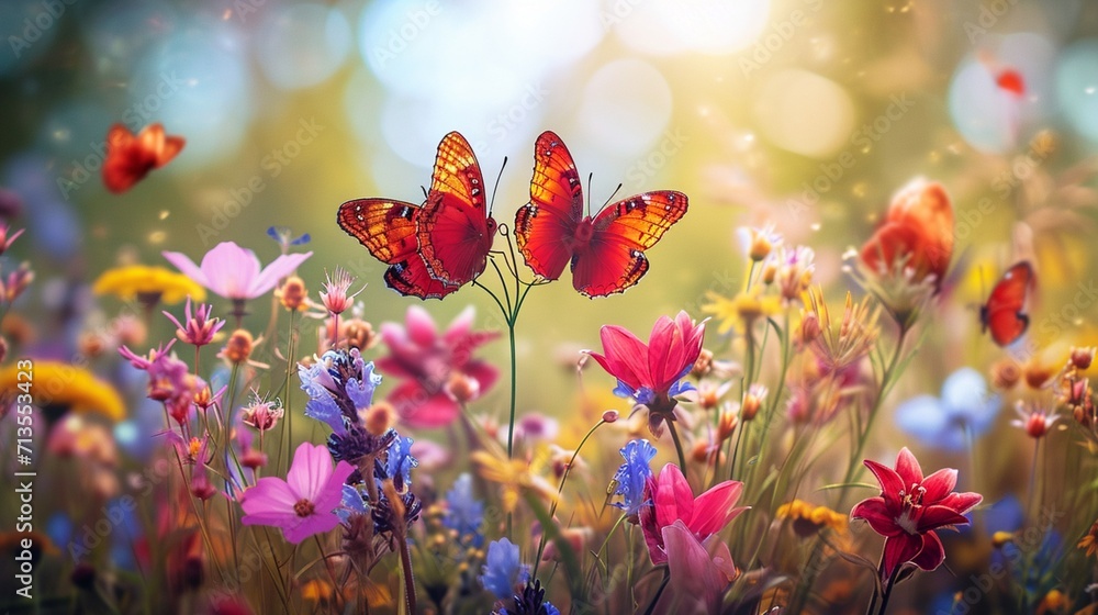 Graceful butterflies forming heart-shaped patterns over a field of vibrant, blooming wildflowers Graceful butterflies forming heart-shaped patterns over a field of vibrant, blooming wildflowers
