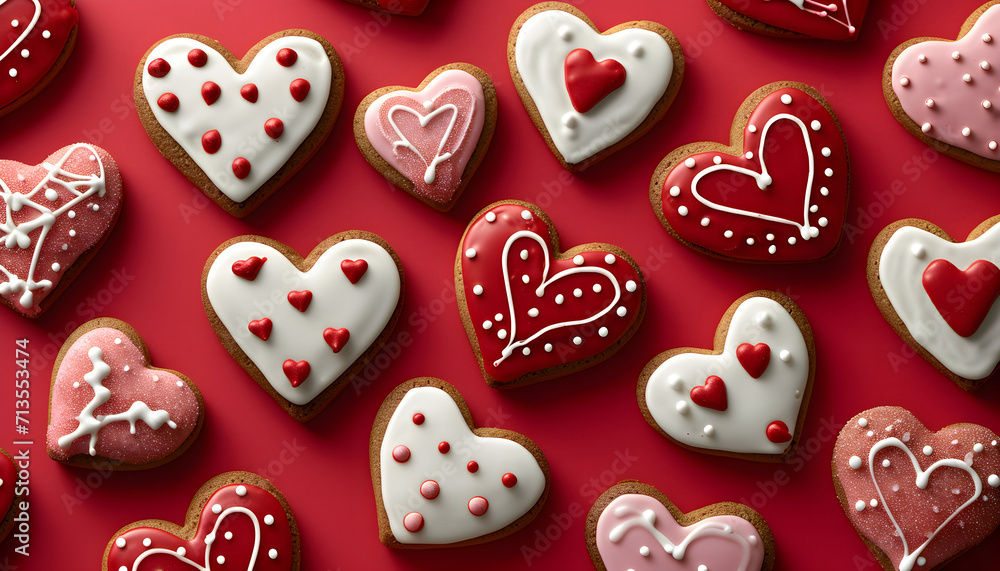 Happy Valentine's Day, Valentine Love Wedding birthday greeting card background - Closeup of gingerbread heart cookies with icing on red table texture, flat lay, top view
