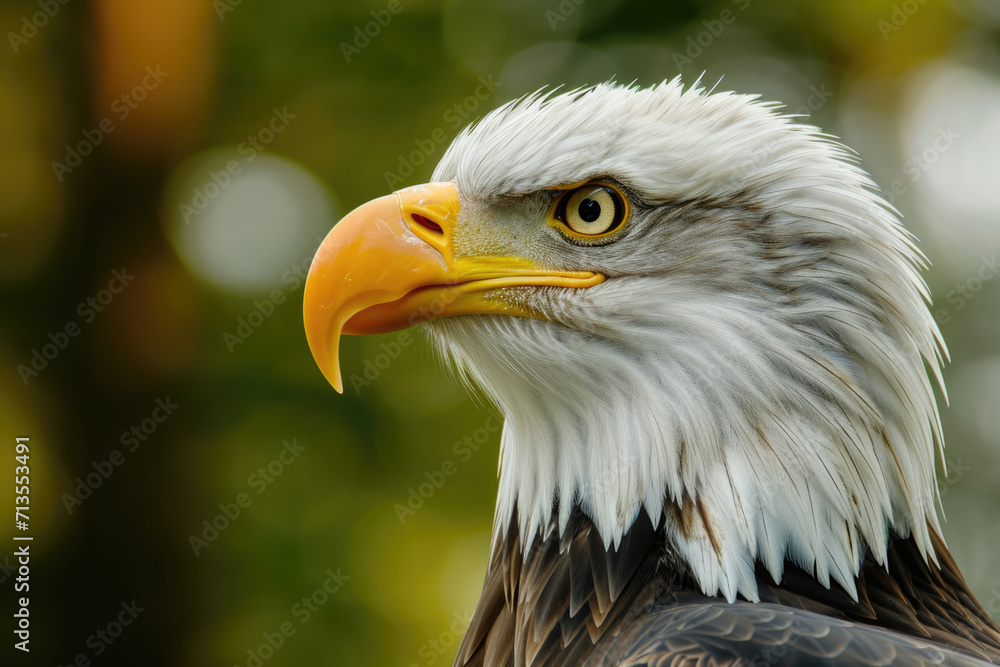 A detailed close up of an eagle's head with towering trees in the background. Perfect for nature enthusiasts and wildlife lovers A detailed close up of an eagle's head with towering trees in the background. Perfect for nature enthusiasts and wildlife lovers
