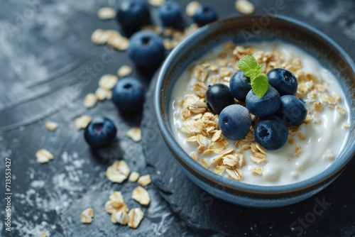 A delicious bowl of yogurt topped with fresh blueberries and crunchy granola. Perfect for a healthy breakfast or snack option