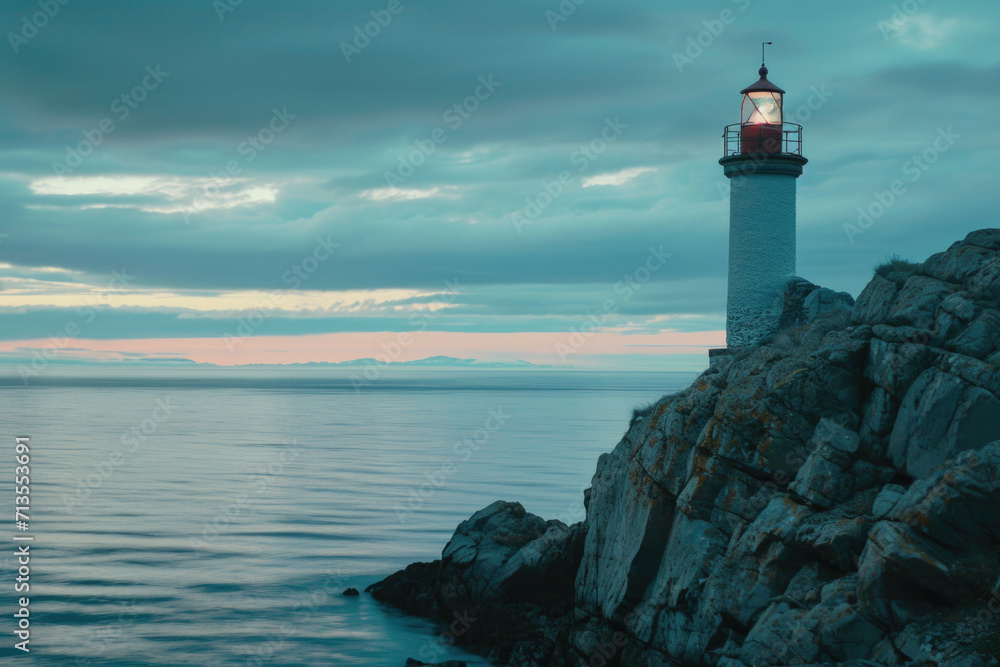A picture of a light house perched atop a rugged cliff. Perfect for coastal landscapes and nautical themes