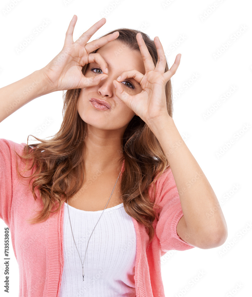 Hand glasses, portrait and woman in studio with funny, silly or goofy personality on white background. Eyes, frame and face of female model with finger shape for nerd, gesture or crazy, playful mood Hand glasses, portrait and woman in studio with funny, silly or goofy personality on white background. Eyes, frame and face of female model with finger shape for nerd, gesture or crazy, playful mood