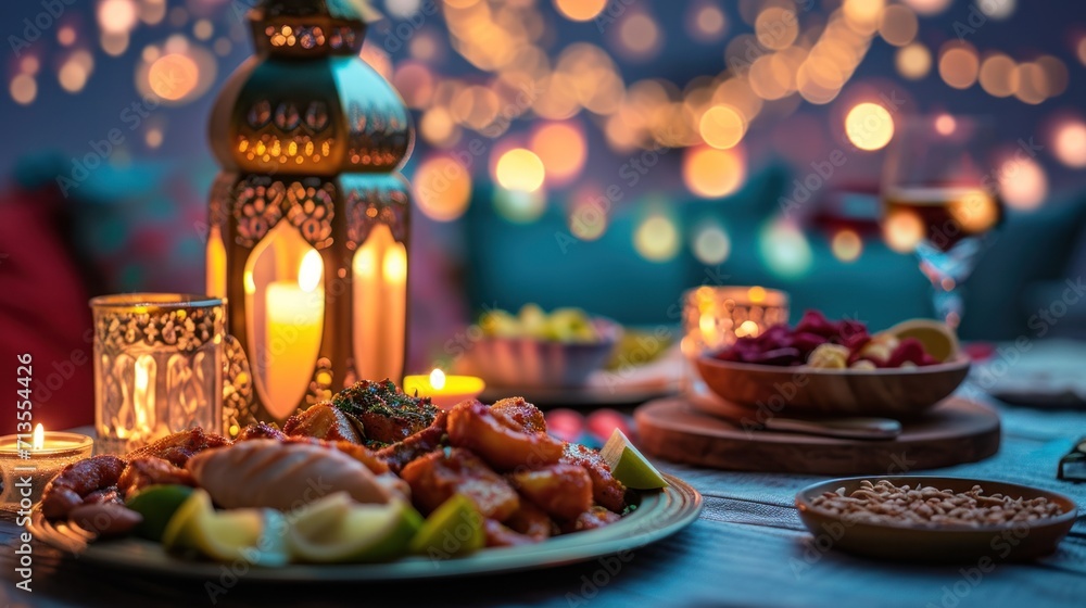 Table Set With Food and Lit Candle