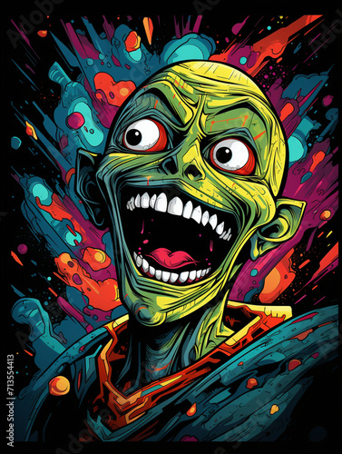 T-shirt design, Laughing Alien, the most beautiful in the universe, in the style of marvel, comic book created with Generative Ai