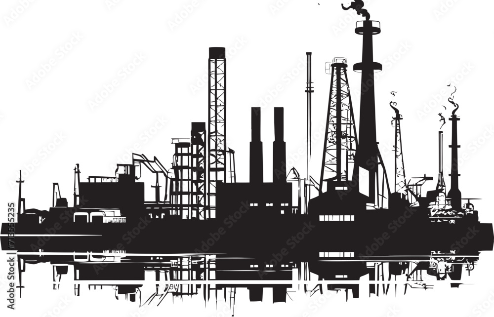 Metallic Metropolis Vector Logo of Factory Landscape Infrastructure Insight Industrial Zone Emblem