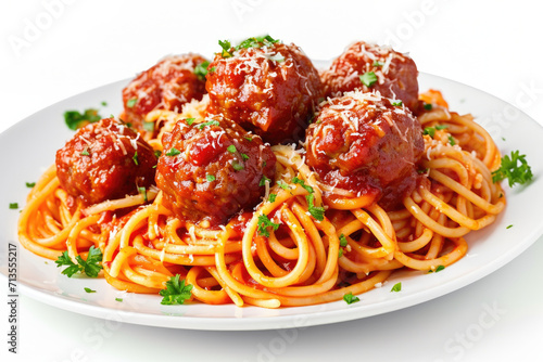 A white plate topped with spaghetti and meatballs. Perfect for Italian cuisine or comfort food concepts