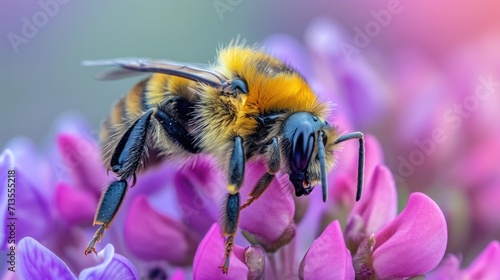 Close up photo of a bee in bright neon colors on beautiful vibrant flowers collecting nectar and pollinating. Neon pink, purple, yellow © Татьяна Креминская