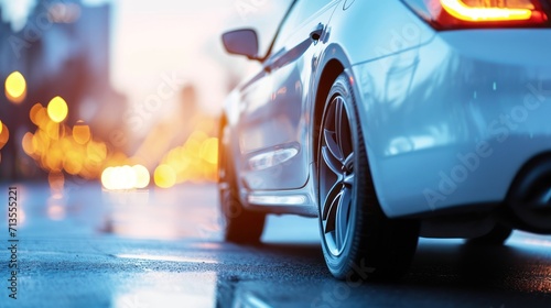 Close-up of White Car on City Street photo