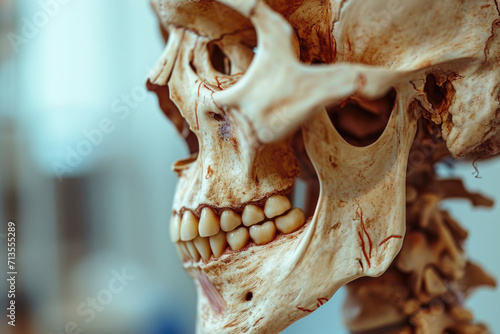A human skull with a missing jaw and teeth. Can be used to depict death, anatomy, or forensic science photo