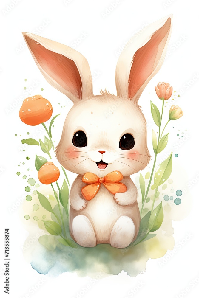 cute kawaii Bunny Spring Easter Watercolor Illustration cute kawaii Bunny Spring Easter Watercolor Illustration