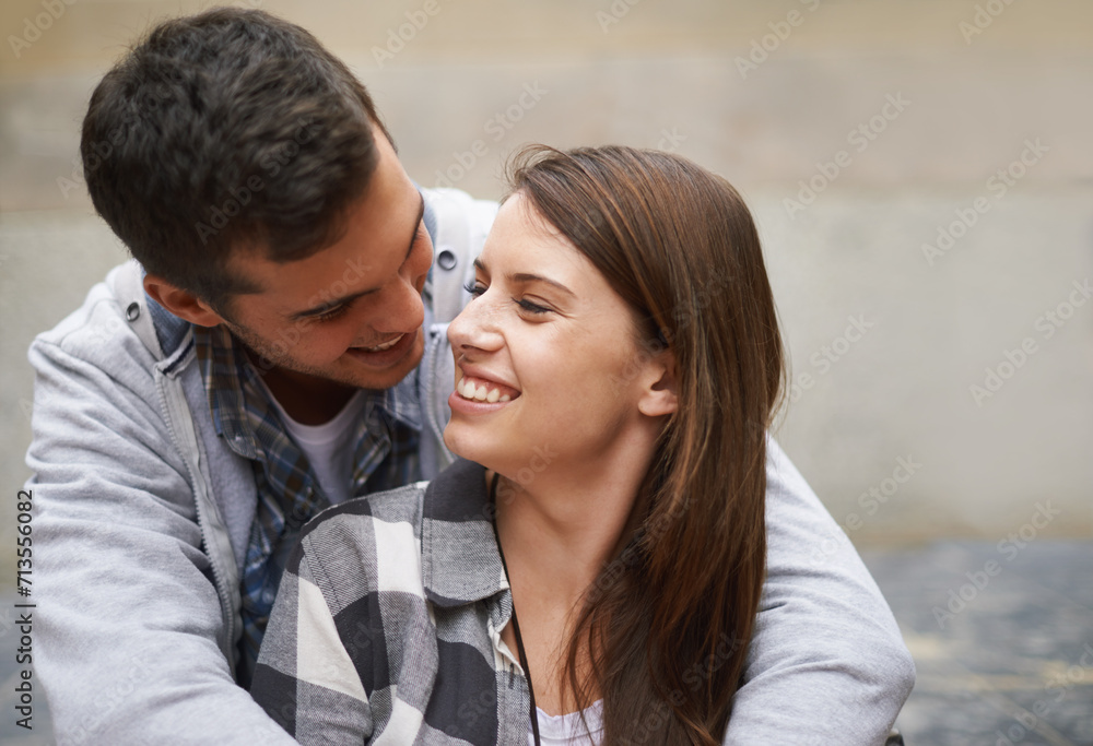 Eye contact, happiness and face of couple hug together, relax and enjoy outdoor date for Valentines Day anniversary. Trust, connection and people smile for relationship security, soulmate or devotion Eye contact, happiness and face of couple hug together, relax and enjoy outdoor date for Valentines Day anniversary. Trust, connection and people smile for relationship security, soulmate or devotion
