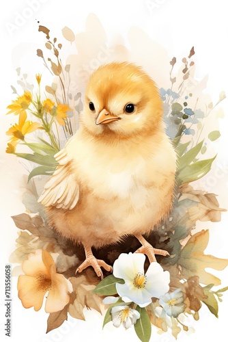 Watercolor little chick, flowers and greenery. Easter card