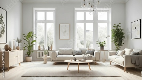 A Scandinavian-inspired living room with light-colored furniture, minimalistic design, and plenty of natural light. generative AI