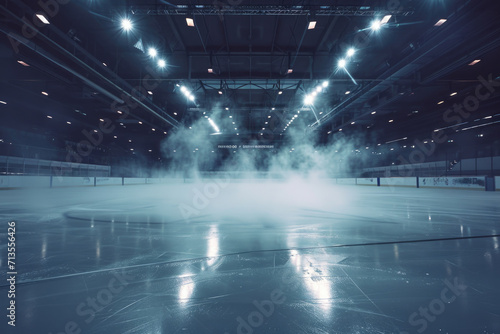 A hockey rink engulfed in smoke, creating a dramatic atmosphere. Perfect for sports-themed designs and advertising campaigns