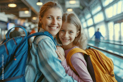 A woman and a young girl are pictured at an airport, both carrying backpacks. This image can be used to represent travel, family vacations, or the excitement of going on a trip