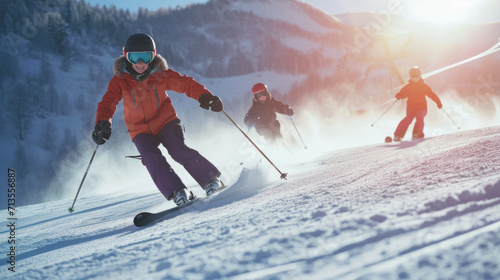 A group of people skiing down a snow covered slope. Perfect for winter sports and outdoor activities photo