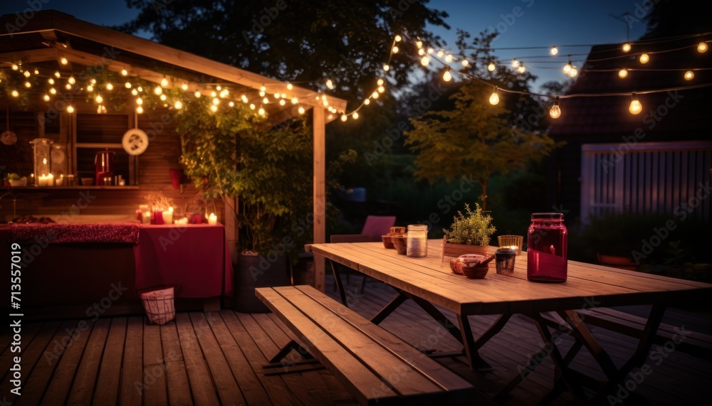 outside dining at a summer festival with beautiful lights outside dining at a summer festival with beautiful lights