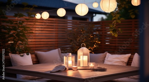 outdoor lighting over a deck with a table and some lanterns